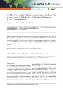 Checklist of Aphyllophoroid Fungi (Agaricomycetes, Basidiomycota) in Boreal Forests of the Solovetsky Archipelago (Arkhangelsk Region, European Russia)