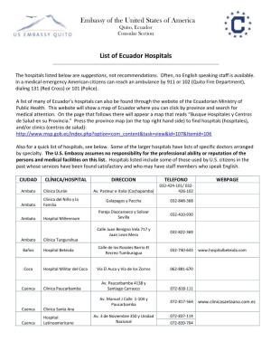 Embassy of the United States of America List of Ecuador Hospitals