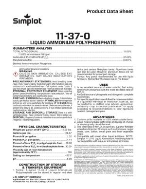 11-37-0 Liquid Ammonium Polyphosphate Guaranteed Analysis Total Nitrogen (N)