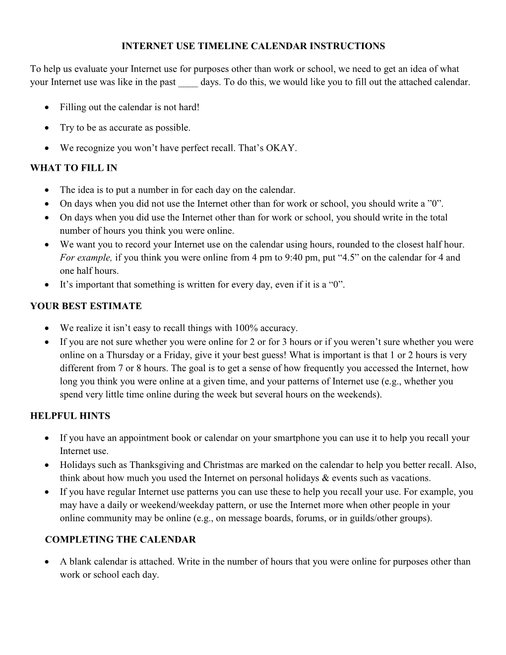 Internet Use Timeline Calendar Instructions