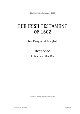 To Download 2003 NBSI Bedell Boyle Lecture – the Irish Testament Of