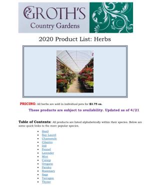 2020 Product List: Herbs