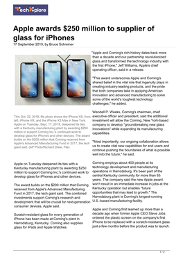Apple Awards $250 Million to Supplier of Glass for Iphones 17 September 2019, by Bruce Schreiner