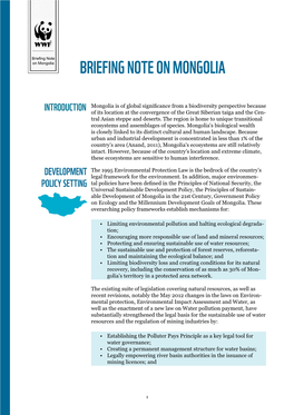 Briefing Note on Mongolia Briefing Note on Mongolia
