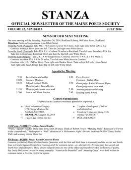 Stanza Official Newsletter of the Maine Poets Society Volume 22, Number 3 July 2014