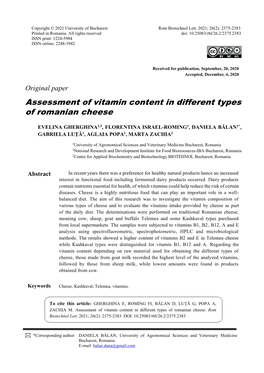 Assessment of Vitamin Content in Different Types of Romanian Cheese