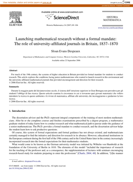 Launching Mathematical Research Without a Formal Mandate: the Role of University-Afﬁliated Journals in Britain, 1837–1870