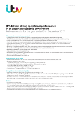 ITV Delivers Strong Operational Performance in an Uncertain Economic Environment Full Year Results for the Year Ended 31St December 2017