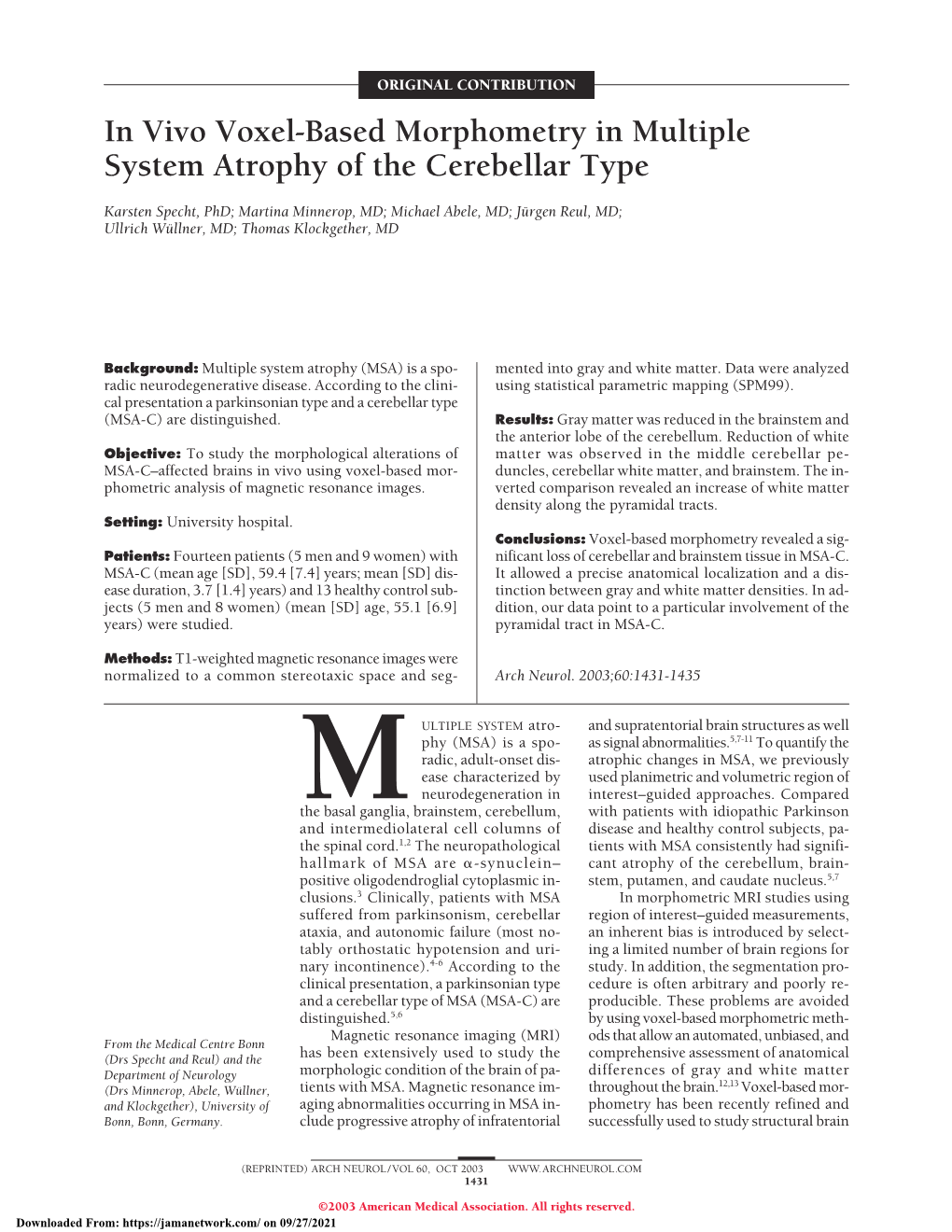In Vivo Voxel-Based Morphometry in Multiple System Atrophy of the Cerebellar Type