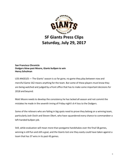 SF Giants Press Clips Saturday, July 29, 2017