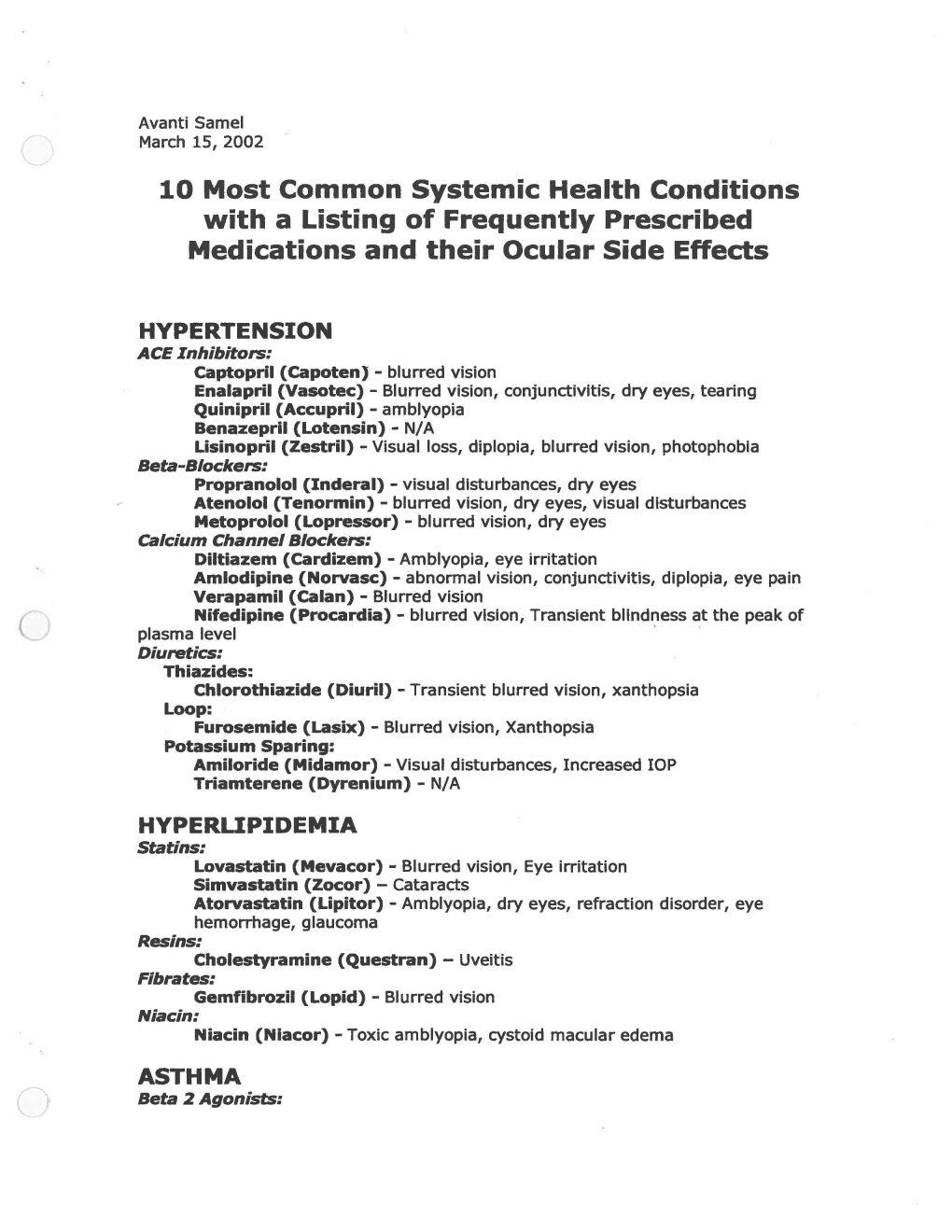 2002 Samel 10 Most Common Systemic Health Conditions with A