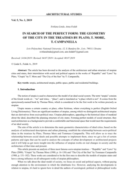 In Search of the Perfect Form: the Geometry of the City in the Treatises by Plato, T. More, T. Campanella