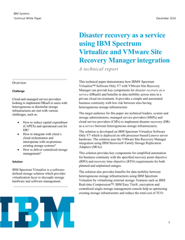 Disaster Recovery As a Service Using IBM Spectrum Virtualize and Vmware Site Recovery Manager Integration a Technical Report