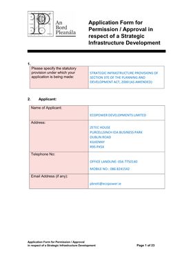 Application Form for Permission / Approval in Respect of a Strategic Infrastructure Development