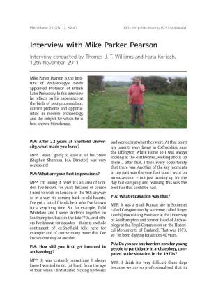 Interview with Mike Parker Pearson Interview Conducted by Thomas J