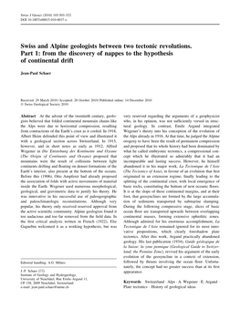 Swiss and Alpine Geologists Between Two Tectonic Revolutions. Part 1: from the Discovery of Nappes to the Hypothesis of Continental Drift