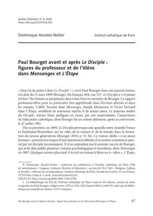 Paul Bourget Avant Et Après Le Disciple : Figures Du Professeur Et De L ’Élève Dans Mensonges Et L ’Étape