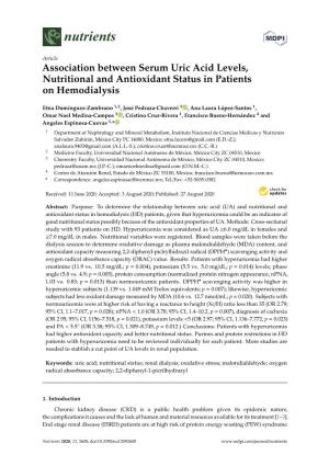 Association Between Serum Uric Acid Levels, Nutritional and Antioxidant Status in Patients on Hemodialysis