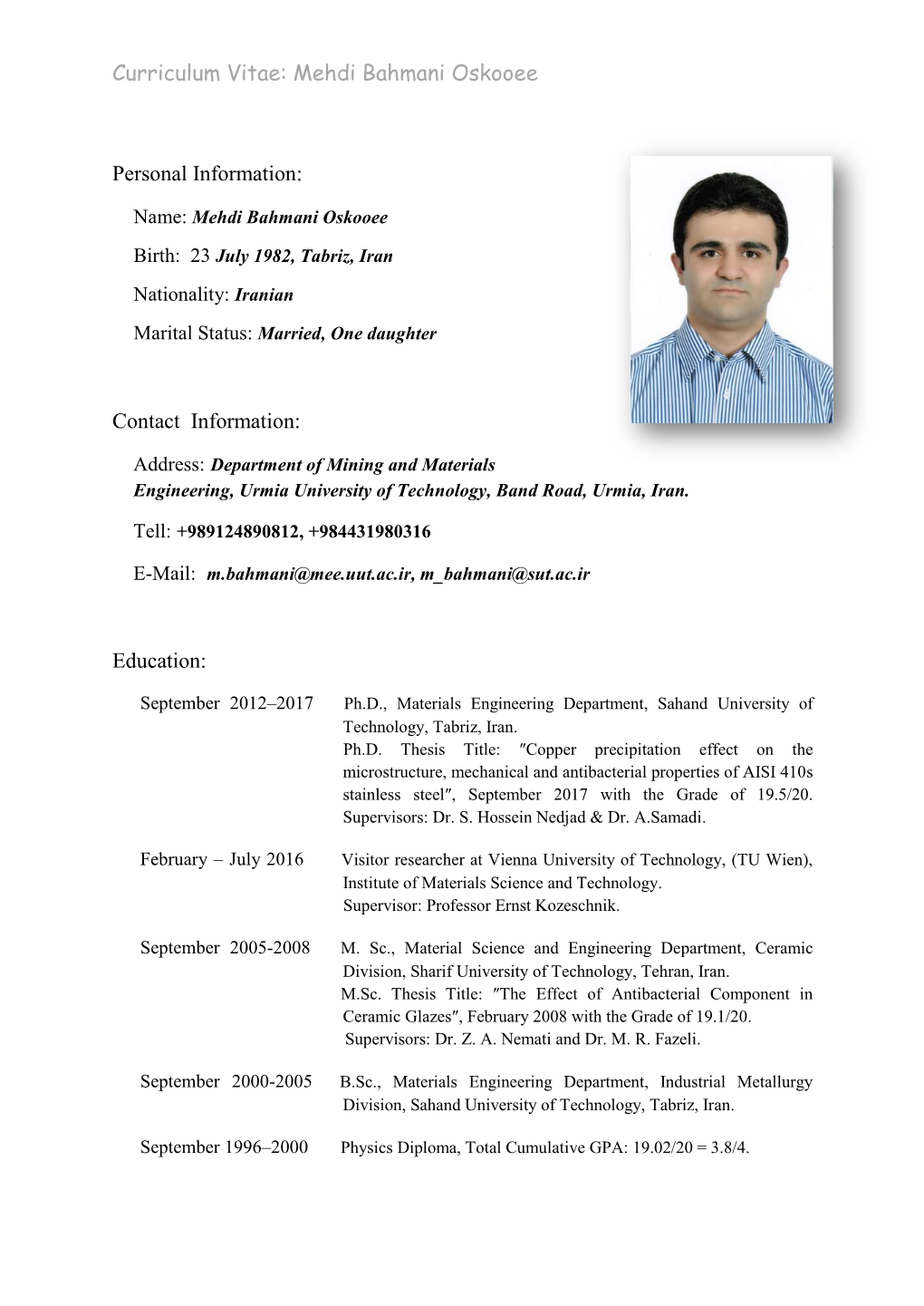 Curriculum Vitae: Mehdi Bahmani Oskooee Personal Information