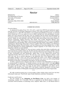 Nestor Published By: Editor: the Department of Classics Michael Fotiadis University of Cincinnati Assistant Editors: M.L
