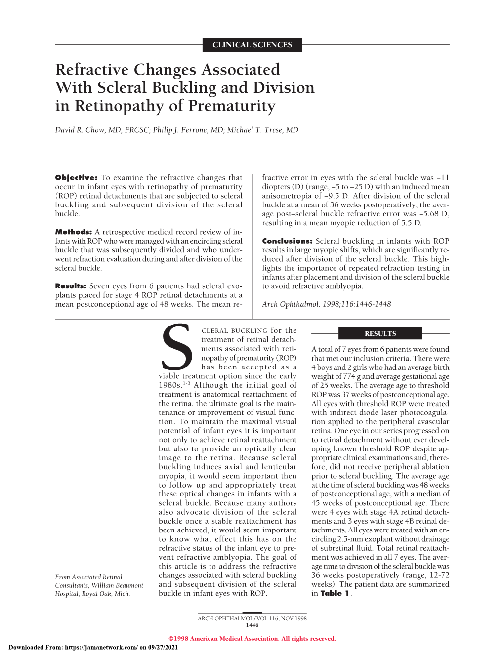 Refractive Changes Associated with Scleral Buckling and Division in Retinopathy of Prematurity
