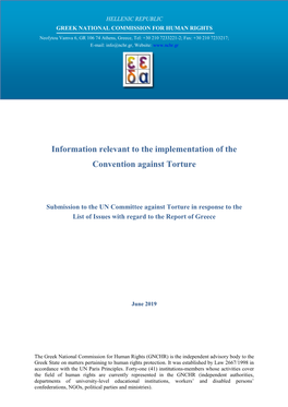 Information Relevant to the Implementation of the Convention Against Torture