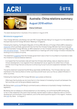 Australia-China Relations Summary August 2018 Edition