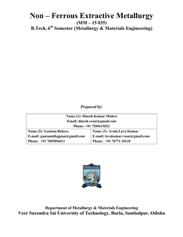 Non – Ferrous Extractive Metallurgy (MM – 15 035) B.Tech, 6Th Semester (Metallurgy & Materials Engineering)