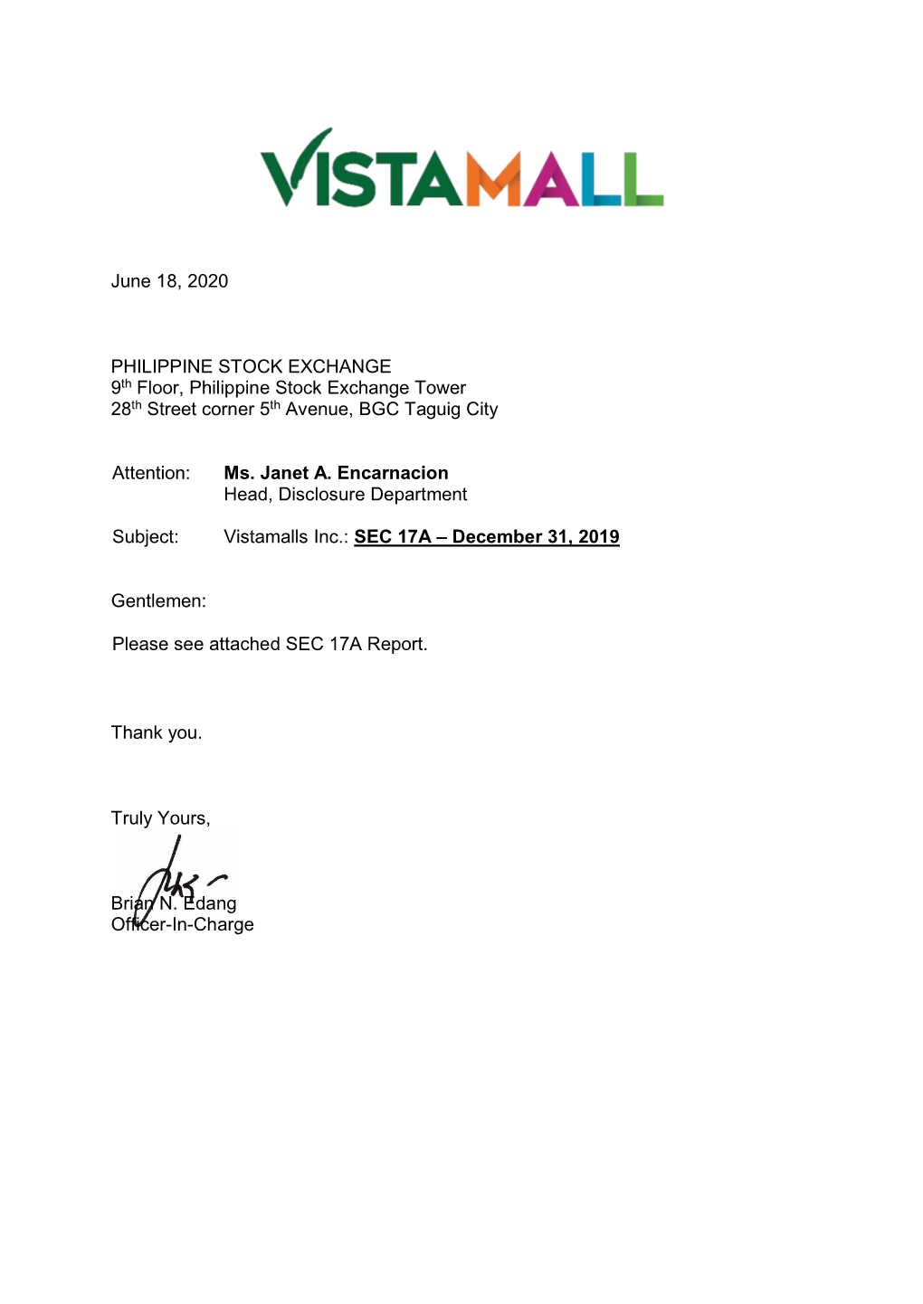 SEC Form 17A – 2019