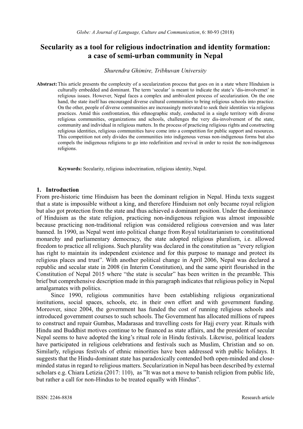 Secularity As a Tool for Religious Indoctrination and Identity Formation: a Case of Semi-Urban Community in Nepal