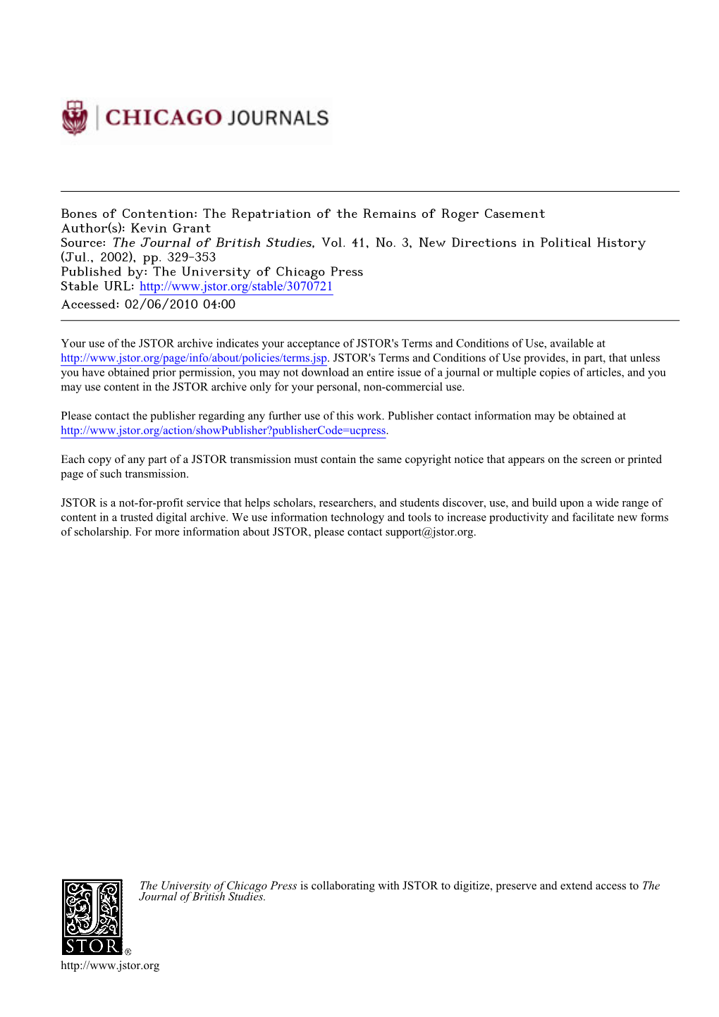 The Repatriation of the Remains of Roger Casement Author(S): Kevin Grant Source: the Journal of British Studies, Vol