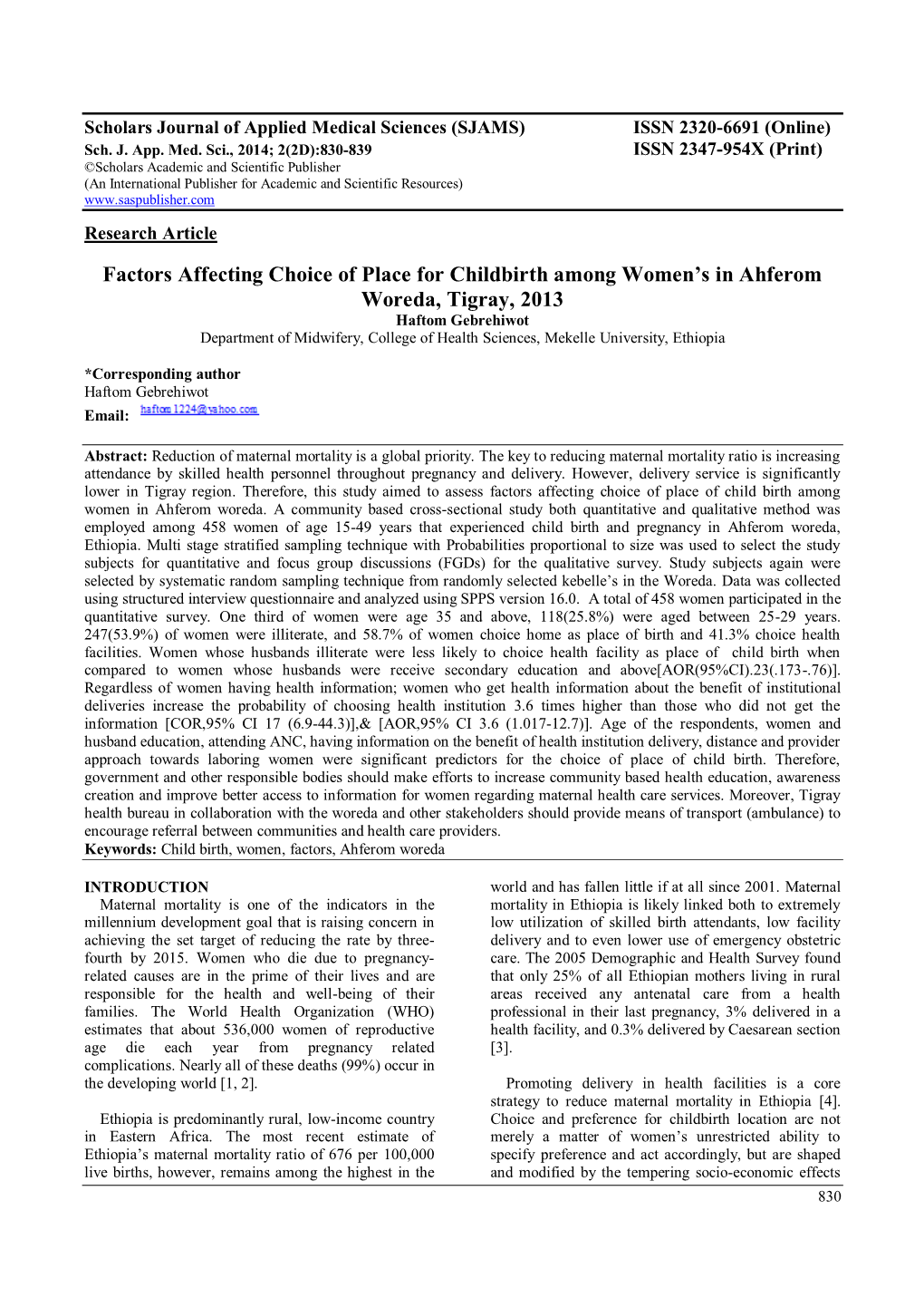 Factors Affecting Choice of Place for Childbirth Among Women's in Ahferom Woreda, Tigray, 2013
