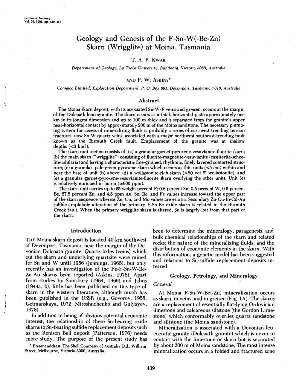 Geology and Genesis of the F-Sn-W(-Be-Zn) Skarn (Wrigglite) at Moina, Tasmania