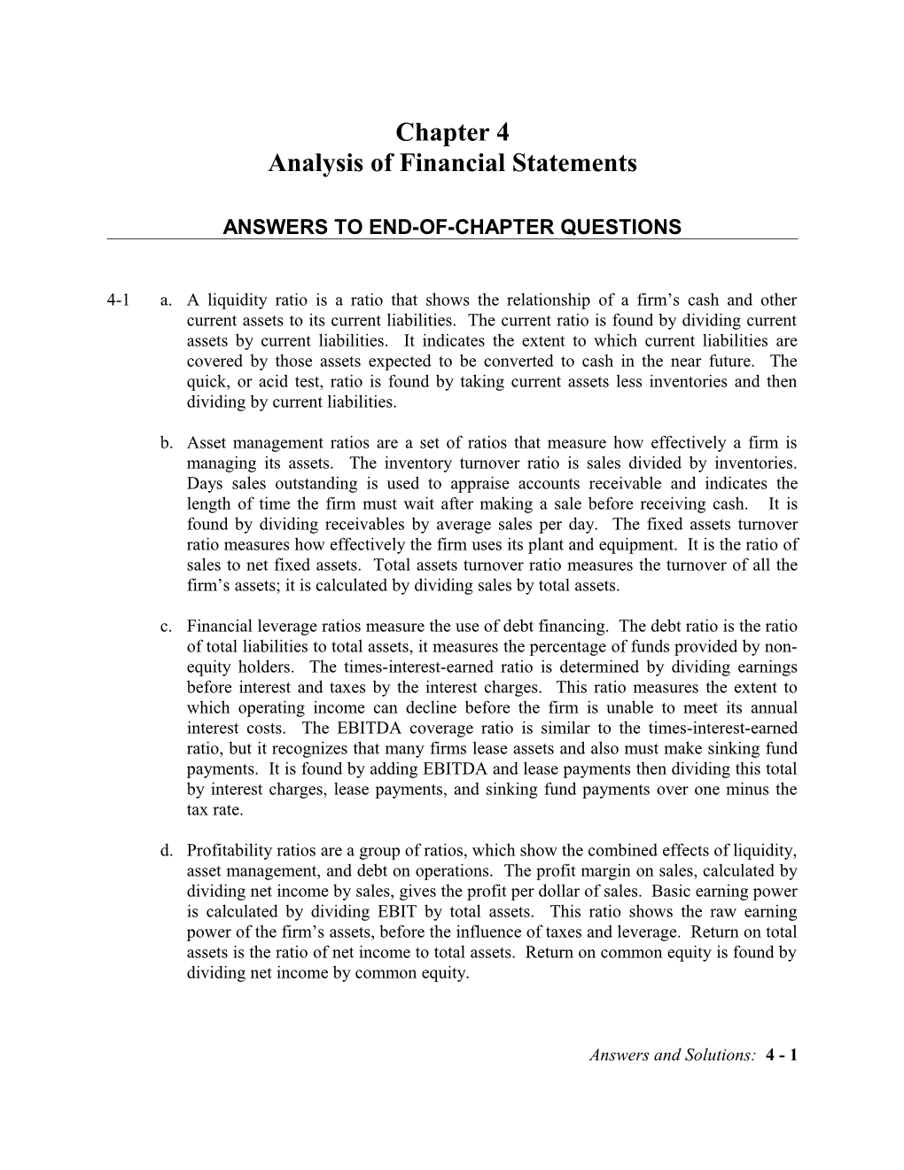 Ratio Analysis. Instructor's Manual