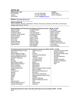 APCO UK Address(Es) in UK Contact 90 Long Acre Tel: 020 7526 3600 Martin Sawer London Fax: 020 7526 3699 Senior Consultant WC2E 9RA E-Mail: Mail@Apcouk.Com
