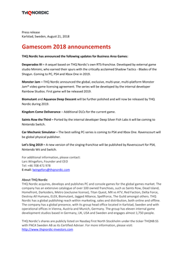 Gamescom 2018 Announcements