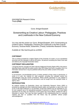 Screenwriting As Creative Labour: Pedagogies, Practices and Livelihoods in the New Cultural Economy