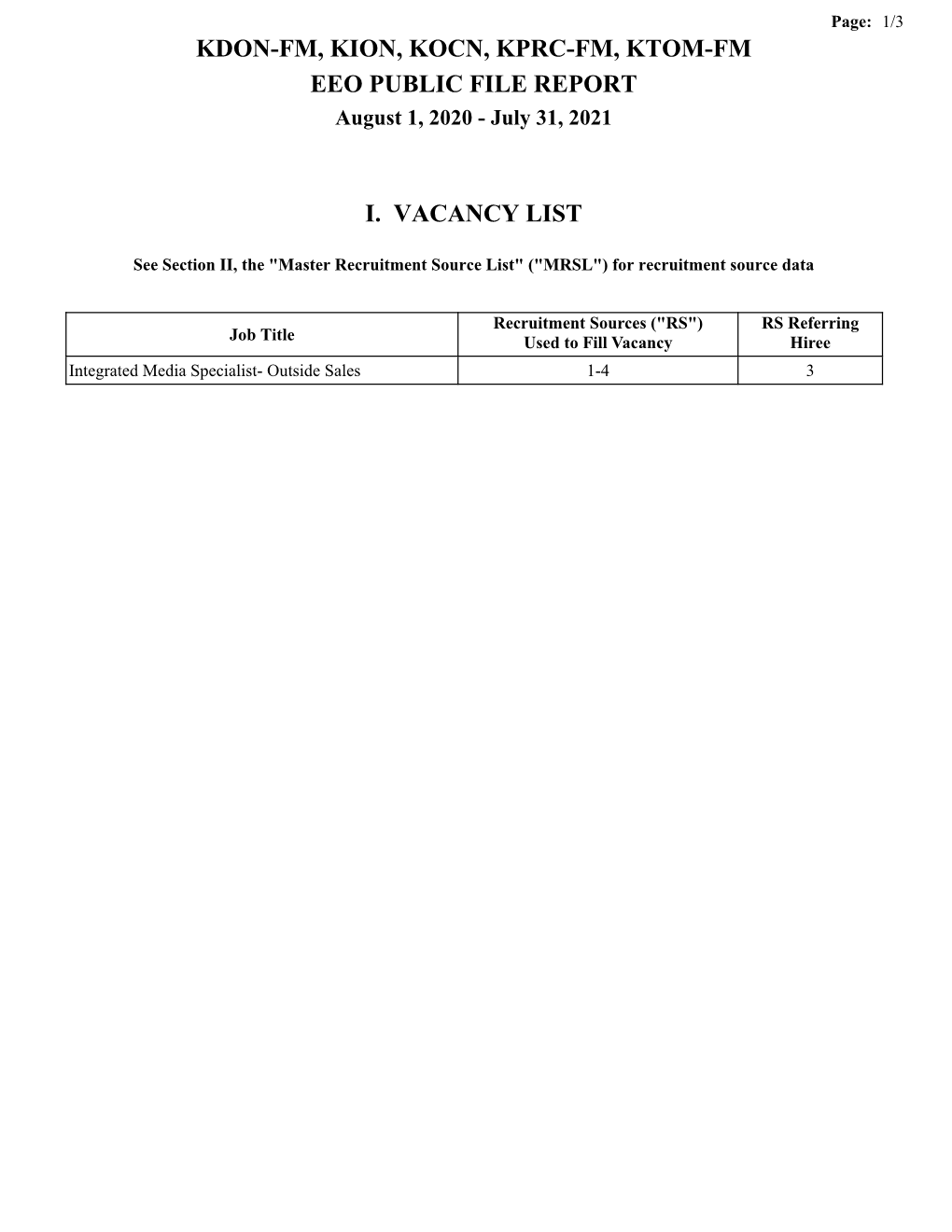 KDON-FM, KION, KOCN, KPRC-FM, KTOM-FM EEO PUBLIC FILE REPORT August 1, 2020 - July 31, 2021