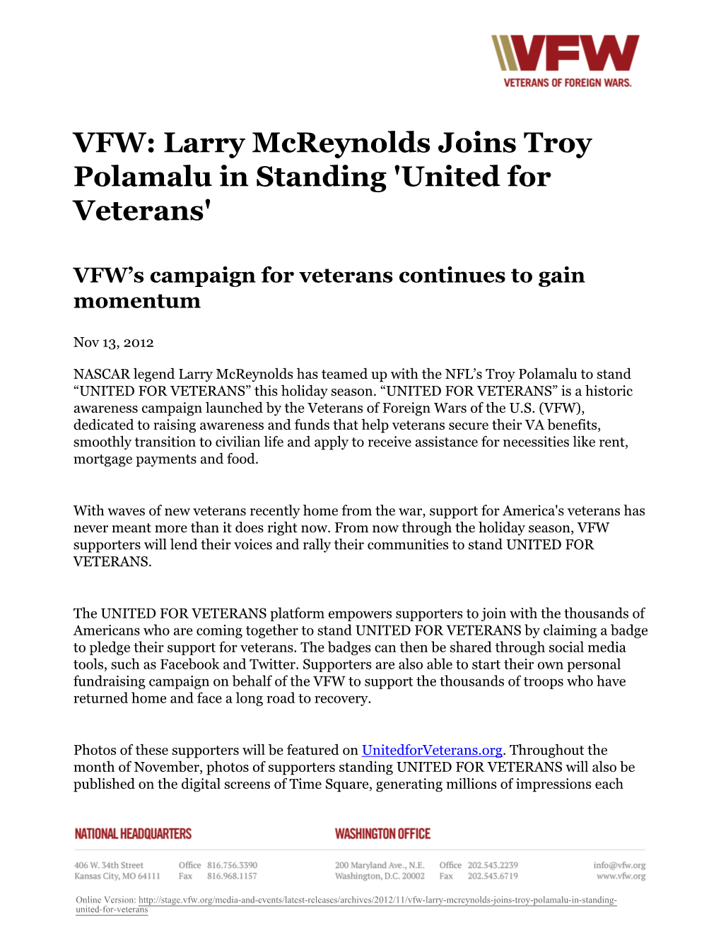 Larry Mcreynolds Joins Troy Polamalu in Standing 'United for Veterans'