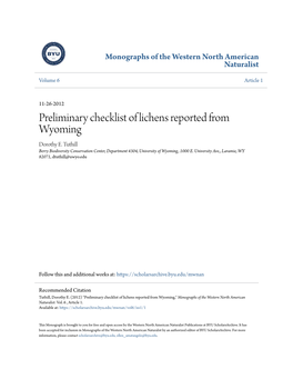 Preliminary Checklist of Lichens Reported from Wyoming Dorothy E