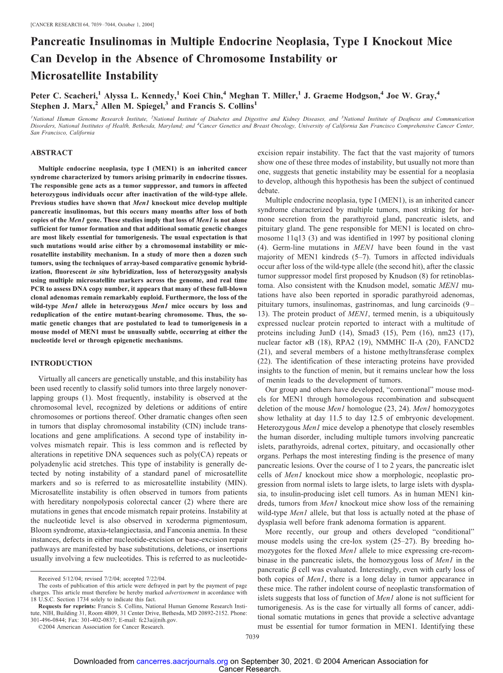 Pancreatic Insulinomas in Multiple Endocrine Neoplasia, Type I Knockout Mice Can Develop in the Absence of Chromosome Instability Or Microsatellite Instability