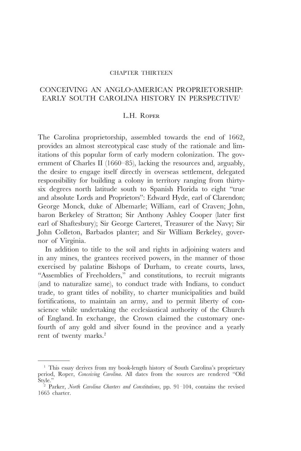 Conceiving an Anglo-American Proprietorship: Early South Carolina History in Perspective1