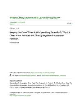 Keeping the Clean Water Act Cooperatively Federal—Or, Why the Clean Water Act Does Not Directly Regulate Groundwater Pollution