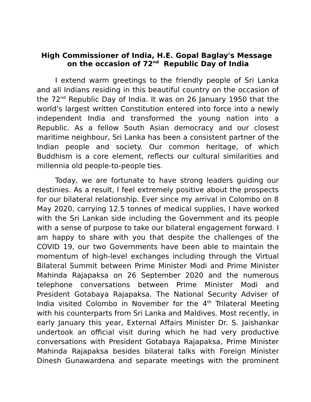 High Commissioner of India, H.E. Gopal Baglay's Message on the Occasion of 72Nd Republic Day of India