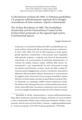 La Rivoluzione Siciliana Del 1860. La Dittatura Garibaldina E Le Proposte Sull’Ordinamento Regionale Del Consiglio Straordinario Di Stato Siciliano