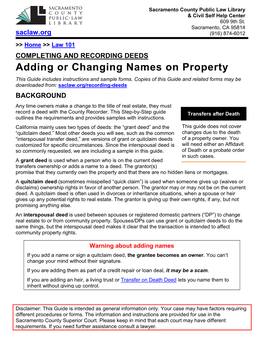 COMPLETING and RECORDING DEEDS Adding Or Changing Names on Property This Guide Includes Instructions and Sample Forms