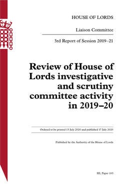 Review of House of Lords Investigative and Scrutiny Committee Activity in 2019–20