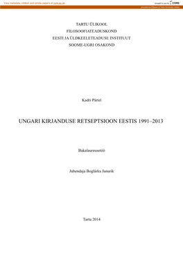 Ungari Kirjanduse Retseptsioon Eestis 1991–2013