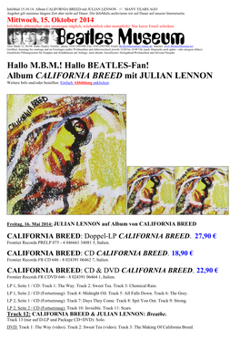 Album CALIFORNIA BREED Mit JULIAN LENNON /// MANY YEARS AGO Angebot Gilt Meistens Längere Zeit Aber Nicht Auf Dauer