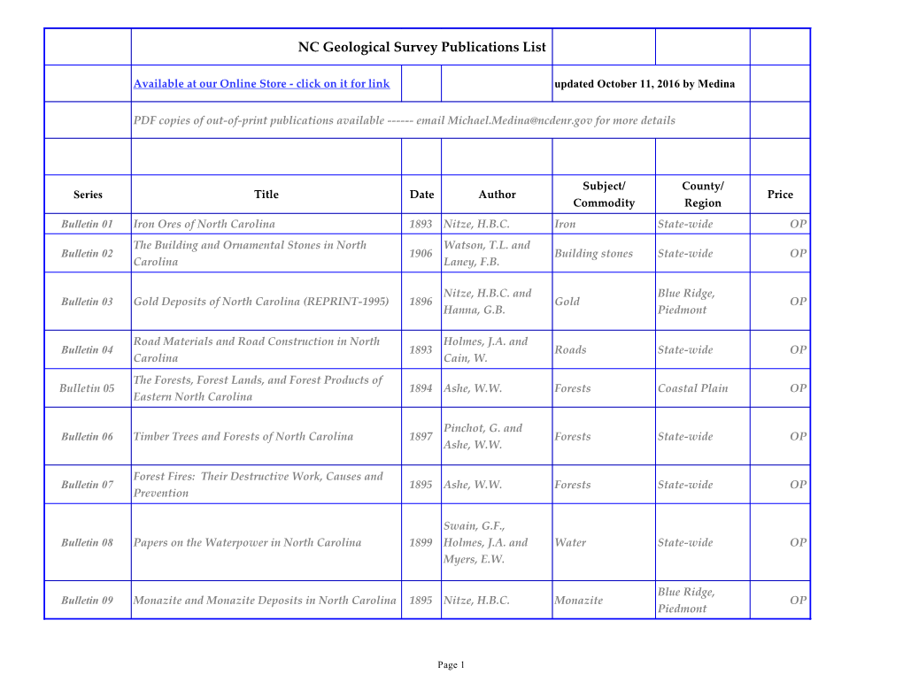 North Carolina Geological Survey Publications List